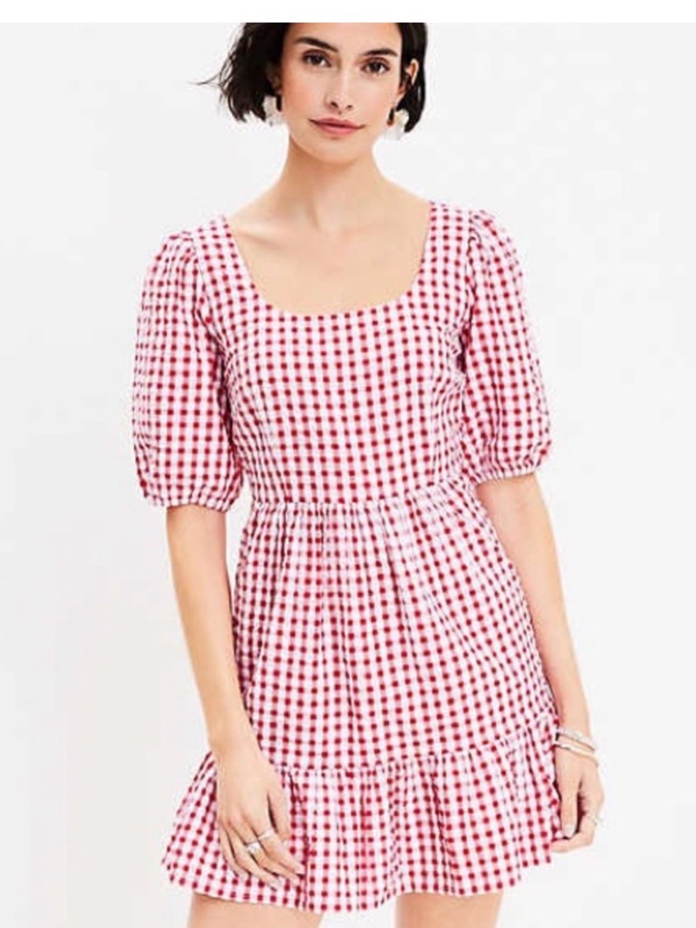 LOFT Red Gingham Square Neck Puff Sleeve Dress back tie detail